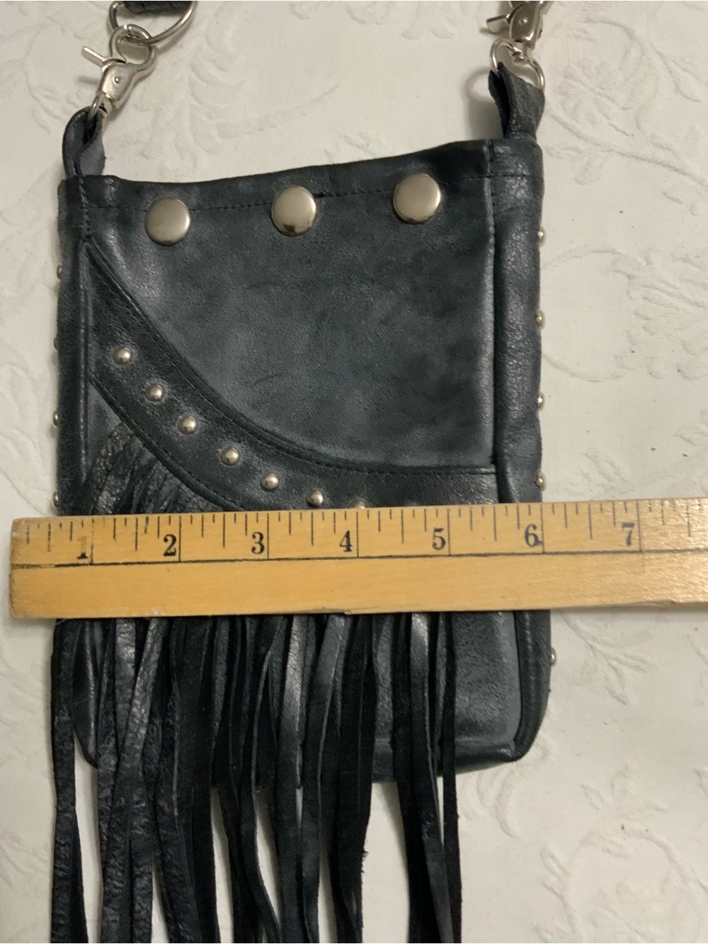 Leather Biker Crossbody Bag with Silver Studs and Fringe, Hip Bag - Picture 7 of 8